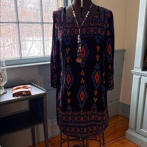 Lucky Brand Black Tunic Dress with Blue & Rust Geometric Print